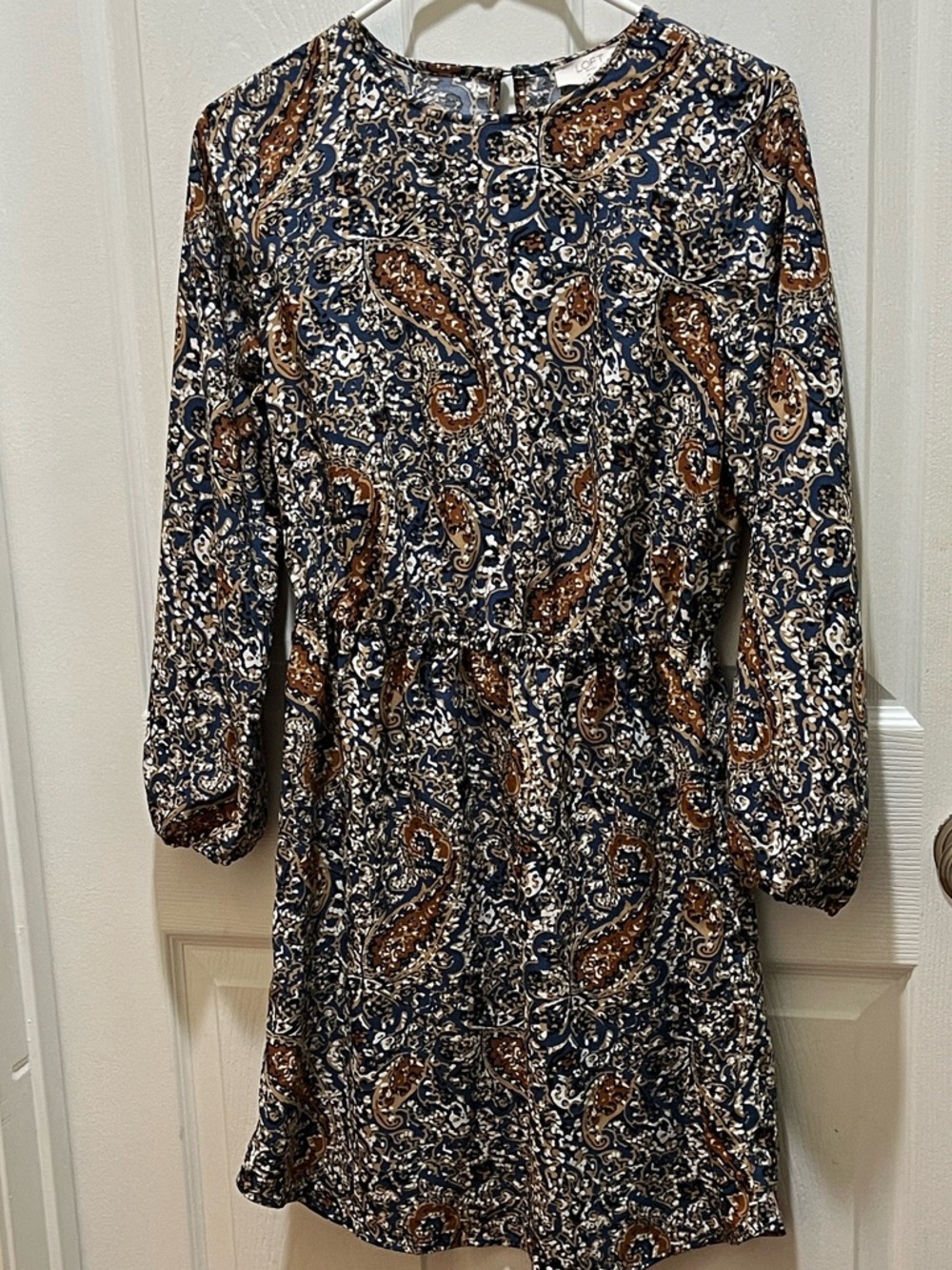 Loft Paisley Blue Midi Dress with 3/4 sleeves and an elastic waist.